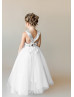 Silver Sequin White Tulle Cross Back Floor Length Flower Girl Dress